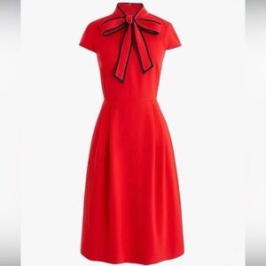 J. Crew Tie-neck Dress in 365 Crepe in red with navy blue piping.
